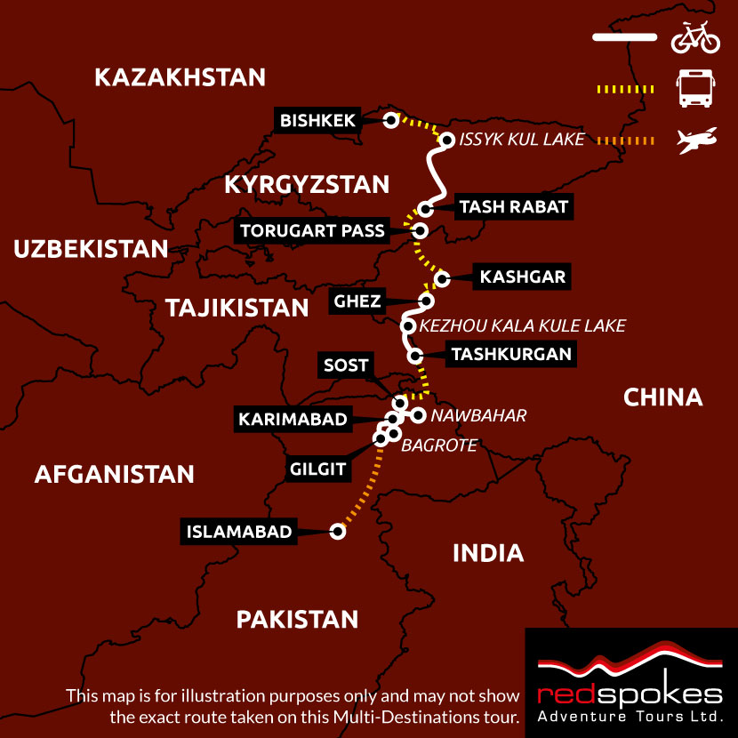 KKH to Kyrgyzstan cycling holiday map - Square