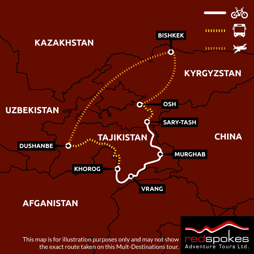 Tajikistan to Kyrgyzstan Cycling Map Square