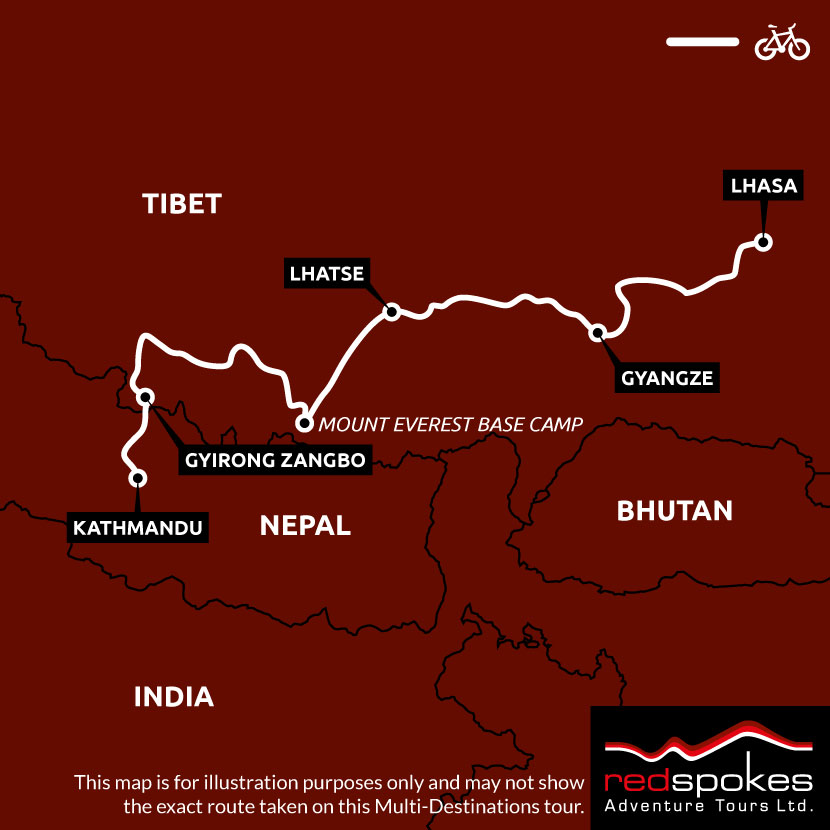 Lhasa to Kathmandu Cycling Holiday Map - Square