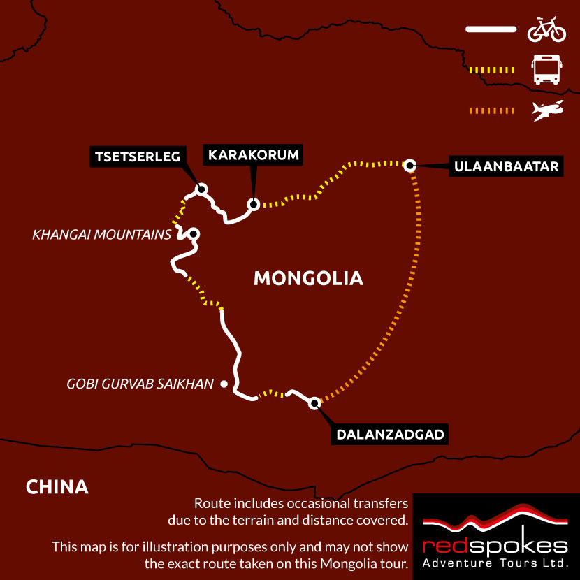 Mongolia Gobi Cycling Holiday Map - Square